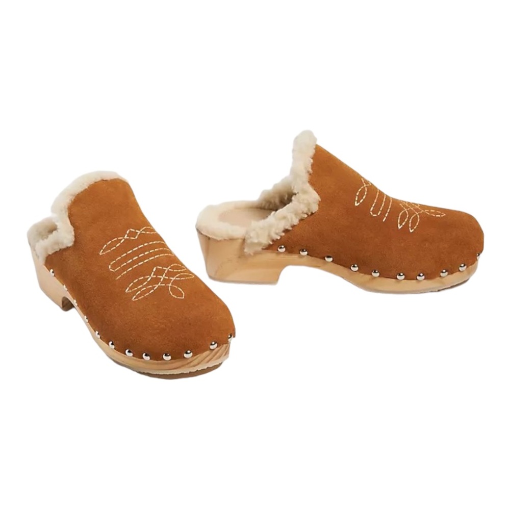 NIB ANTHROPOLOGIE PICRO WOVEN SHEARLING-LINED CLOGS (TAN SUEDE) SIZE… - Picture 2 of 11